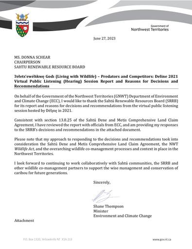 23-06-27 ECC Response Letter to SRRB - Deline Public Listening Hearing - Letter