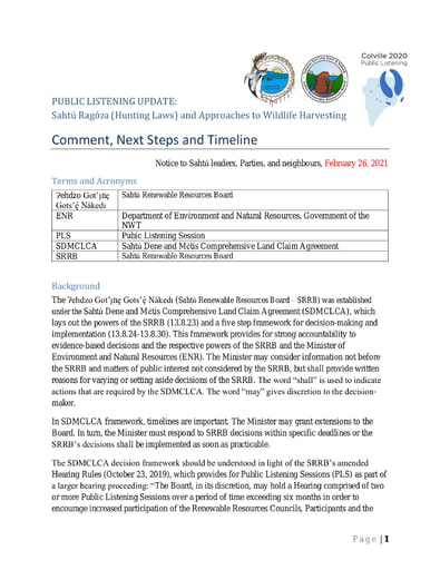 21-02-26 Colville 2020 Public Listening Update - Parties Comment, Next Steps, Timeline